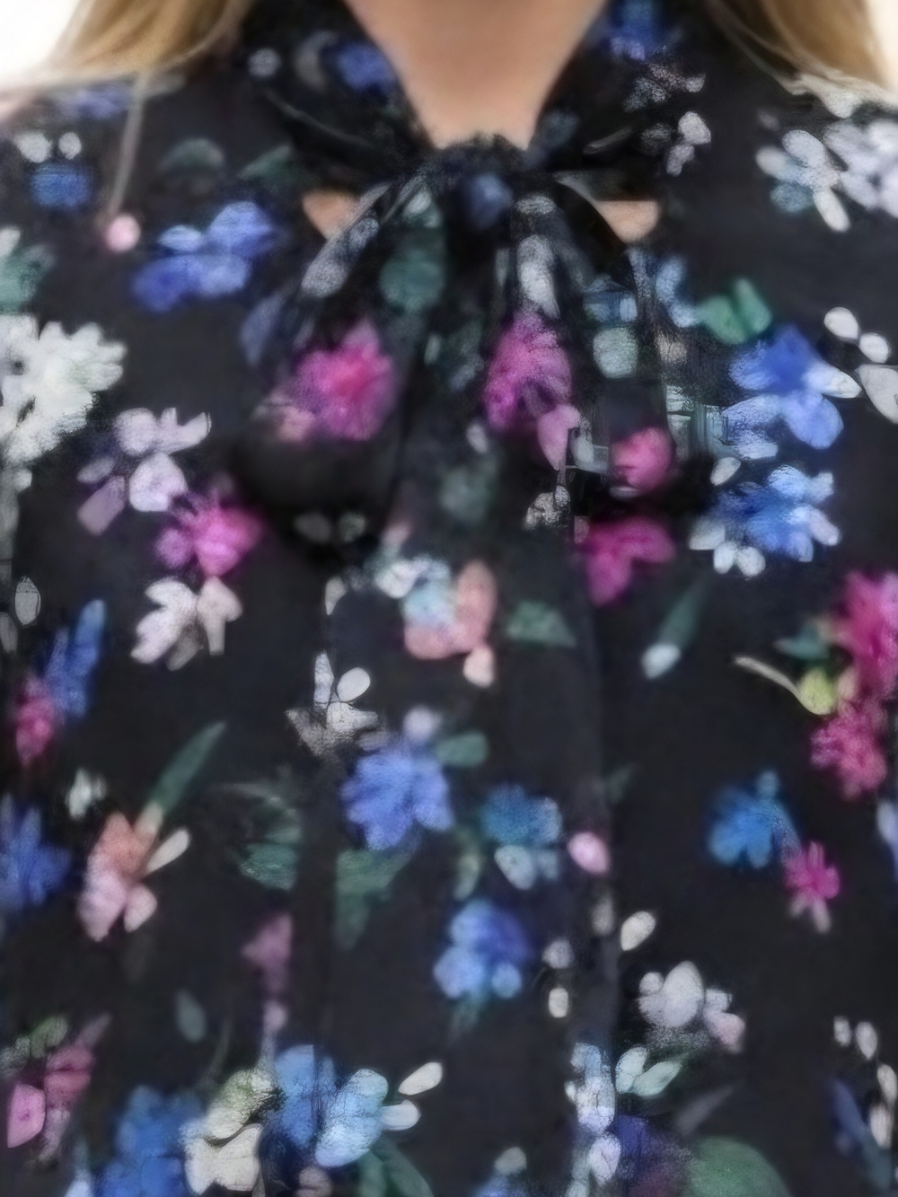 Milly Black Floral Tie-Neck Blouse with Multi-Color Flowers